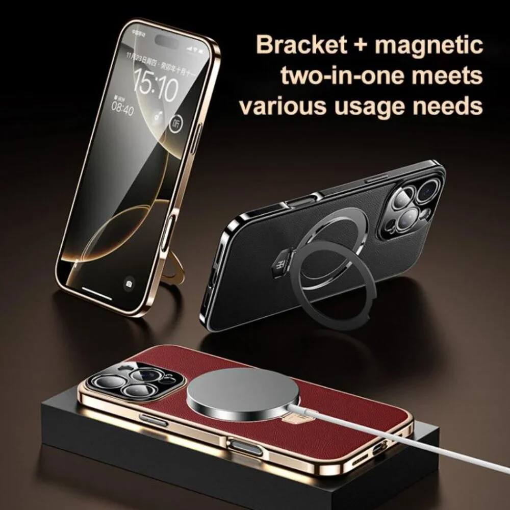 For iPhone 16 Pro Max Plain Leather MagSafe Holder Phone Case(Red)